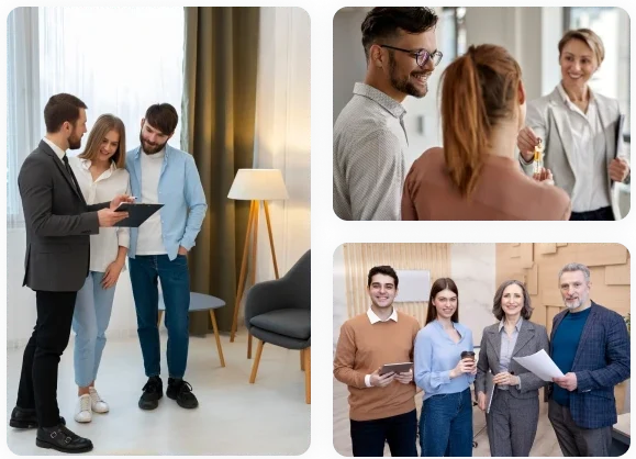 Collage of 3 images, left image is 3 people dressed nicely looking at a ipad, top right image is a couple recieving keys to their house, bottom right image is a group of 4 business men and women posing