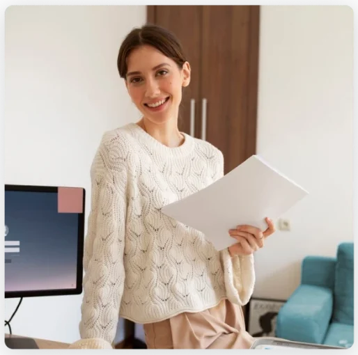 A smiling woman in a white knitted sweater holds papers while standing next to a computer desk in a modern office setting.