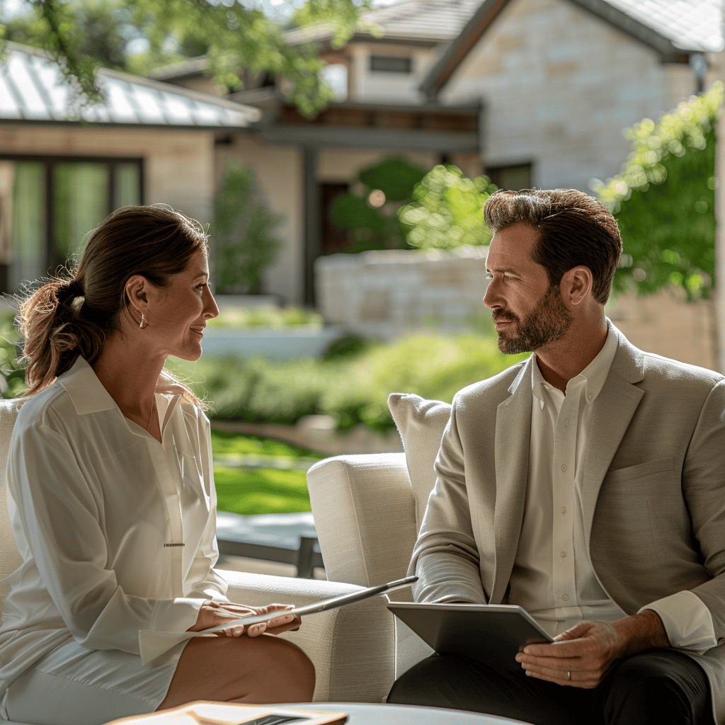 A man and woman in business attire sit outdoors, engaged in conversation with a modern house and greenery in the background.